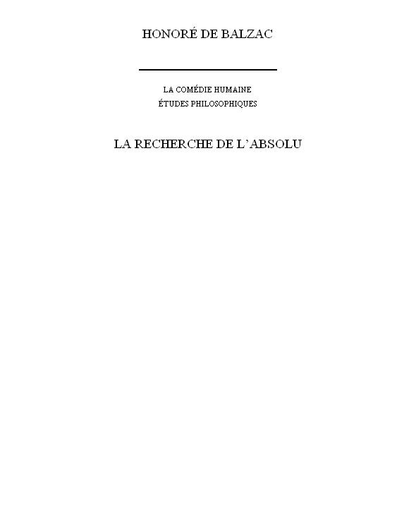 Balthazar Claës: Ou La Recherche De L'Absolu